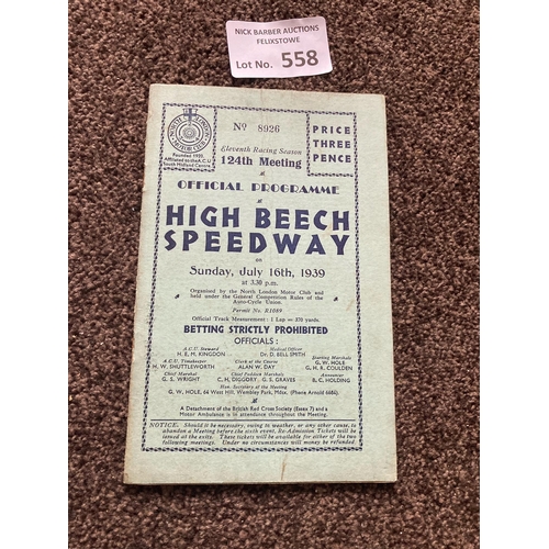 558 - Speedway : High Beech v Smallford 8 page card programme 16/07/1939