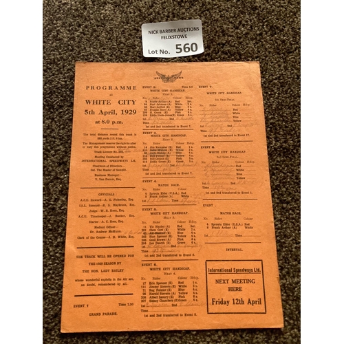 560 - Speedway : London White City - White City Handicap 2 page card programme - fine edition 05/04/1929