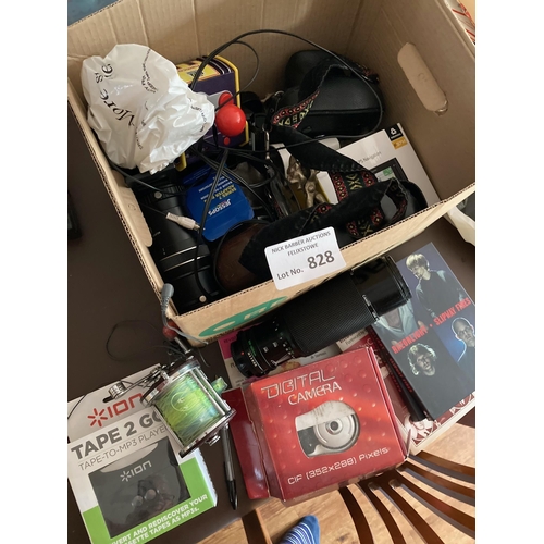 828 - Collectables : Box of various inc cameras, tape to go, lenses, fishing reel etc