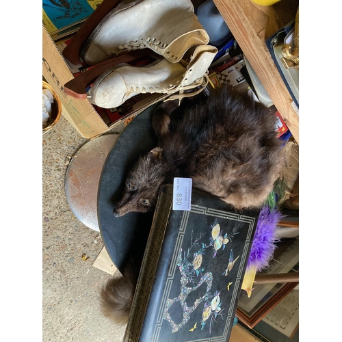 830 - Collectables : odd lot vintage mink feathered fan etc, vintage ice skates! Far East book etc