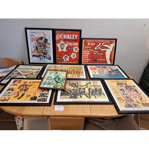 240f - Records : Framed repro posters in Haley, Holly , Elvis etc Theatre, Film Concert etc 1950s/60s