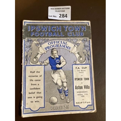 284 - Football : Ipswich Town v Aston Villa FA Cup 3rd round replay programme 11/01/1939 good condition bu... 