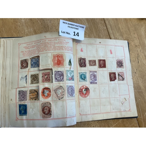 14 - Stamps : Small early stamp album dated 1890 with all world collection. Comes with a similar Oppens a... 