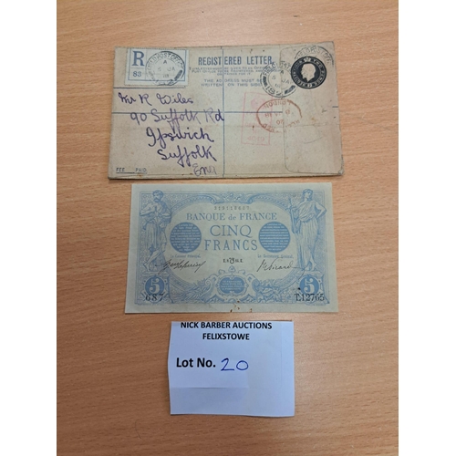 20 - Stamps : WWI Fieldpost/Censor envelope - addressed Ipswich with a rare 5 franc banknote within