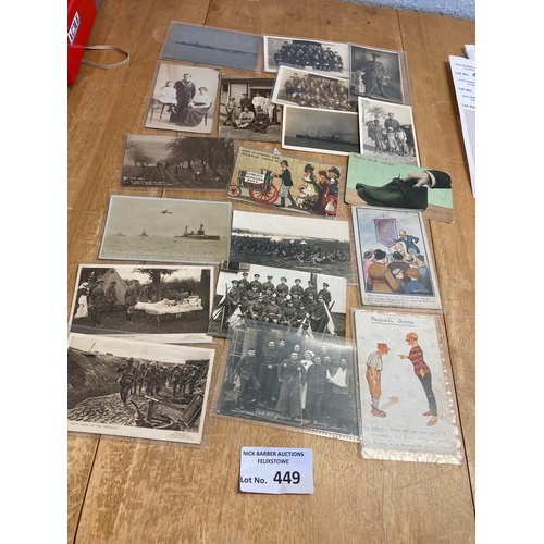 449 - Post Cards : Nice collection of older items military RPs, sweetheart WWI - interesting lot of cards