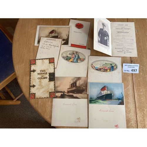 497 - Collectables : Ephemera - Cunard Queen Mary illustrated menus x10 + Berengaria of Aquitania menus 19... 