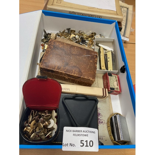 510 - Collectables : Box of collectables inc pen nibs pen knives, cuff links etc - interesting lot