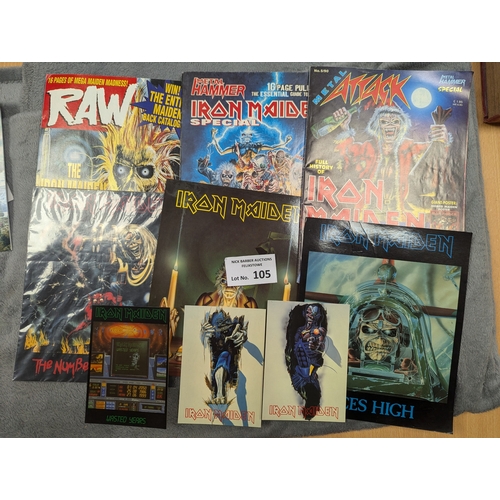 105 - Records; Memorabilia: Assortment of Iron Maiden memorabilia and items, including 2x 28