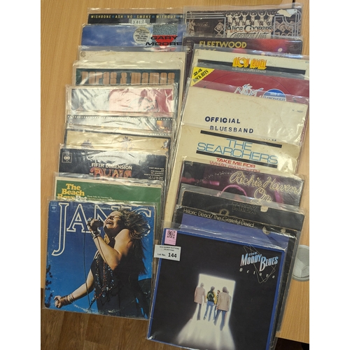 144 - Records: Box of various albums including Rock, Blues; Queen, T Rex, Grateful Dead; conditions vary; ... 