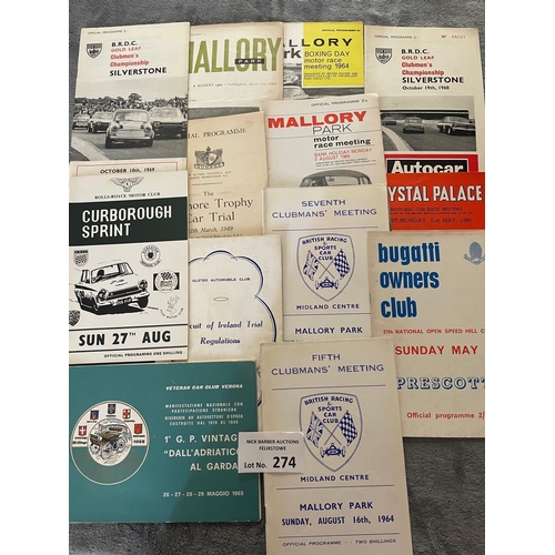 274 - Sports Memorabilia; Motor Racing: Assortment of 1950s/1960s programmes, including Silverstone, Cryst... 