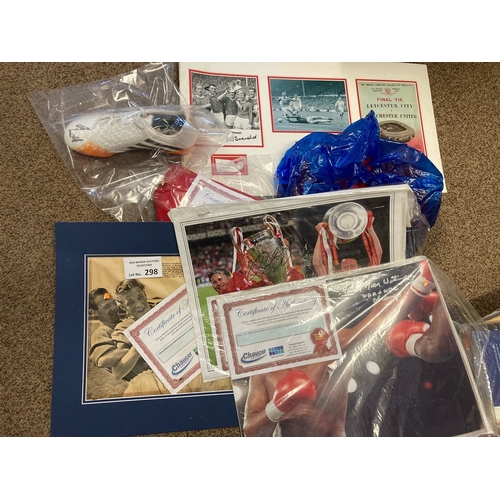 298 - Sports Memorabilia: Assortment of various signed items with COA including Manchester United, repro 6... 