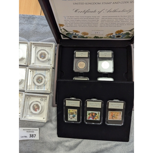 387 - Coins: Collection of Beatrix Potter boxed coins, mostly Silver Proof, many 50ps.