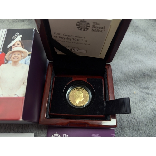 397 - Coins: Royal Mint 'Four Generations, One Historic Moment' 2018 £25 quarter ounce Gold Proof coin wit... 