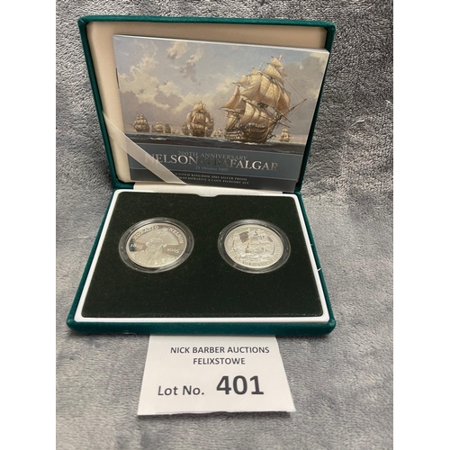 401 - Coins: Royal Mint Nelson Trafalgar 200th anniversary 2005 Silver Proof Piedfort 2 Crown set - with c... 