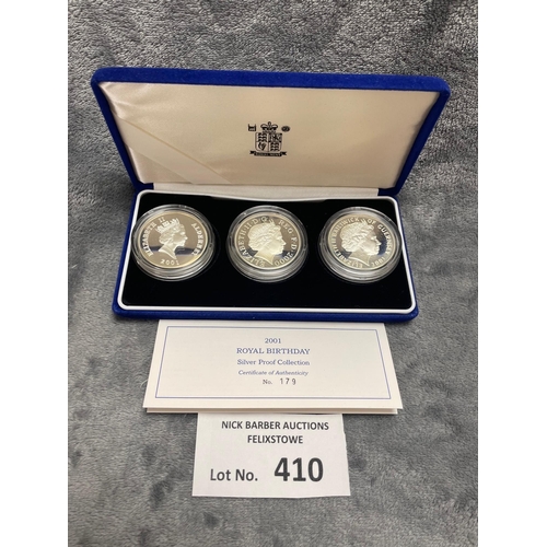 410 - Coins: Royal Mint 2001 Royal Birthday Silver Proof collection, 3 coin set of £5 coins, with certific... 