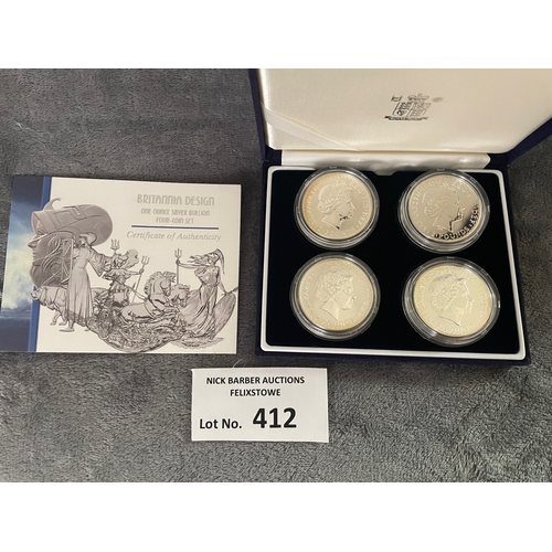 412 - Coins: Royal Mint Britannia Design silver bullion four coin set, each 32.45g, with certificate of au... 