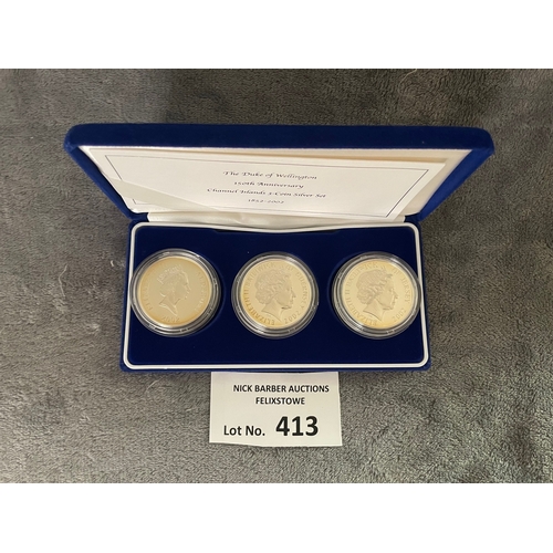 413 - Coins: Royal Mint The Duke of Wellington 150th Anniversary Channel Islands 3 coin Silver set 1852-20... 