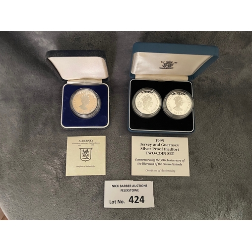 424 - Coins: Royal Mint Jersey and Guernsey Silver Proof Piedfort 2 coin set, with certificate of authenti... 