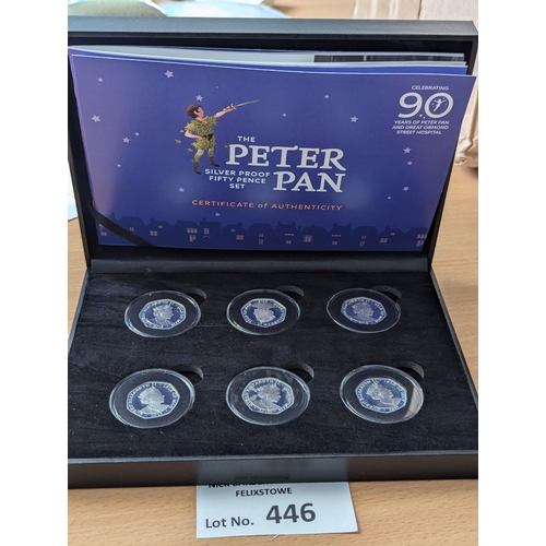 446 - Coins: Peter Pan 2019 Silver Proof 50p coin set of 6; Isle of Man; within deluxe box; Excellent.