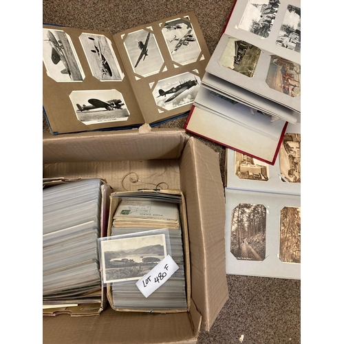 480f - Postcards: Two boxes of loose cards along with 3 albums; including Aviation album.