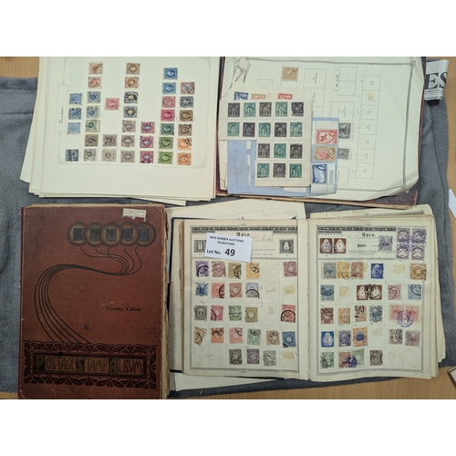 49 - Stamps: Box of old time material within 4x old albums, on album leaves, cigar boxes, etc.