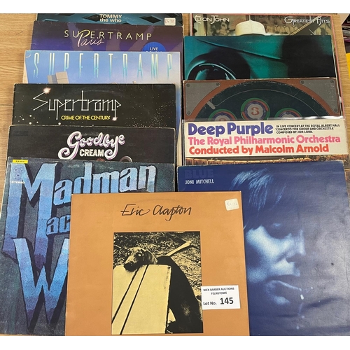 145 - Records: Box of albums including many rock; Deep Purple, The Who, Joni Mitchell, Cat Stevens, Rollin... 