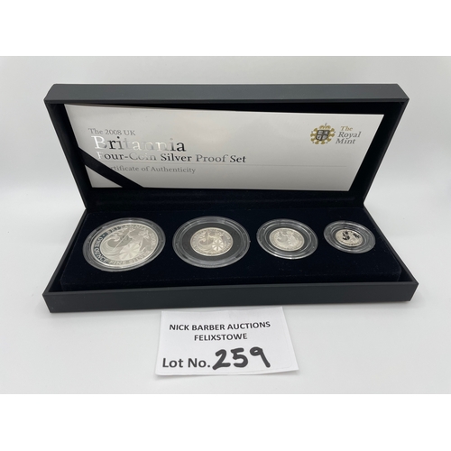 259 - Coins: Royal Mint Britannia 2008 4 coin Silver Proof set; boxed; Fine condition.