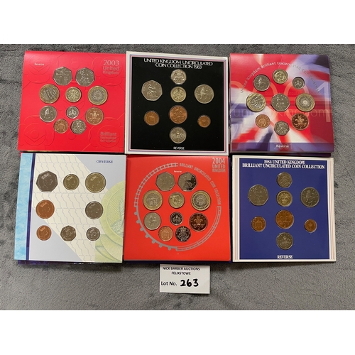 263 - Coins: Royal Mint GB year coin sets, including 1983, 1984, 1985, 1986, 1987, 1993, 1995, 1996, 1998,... 