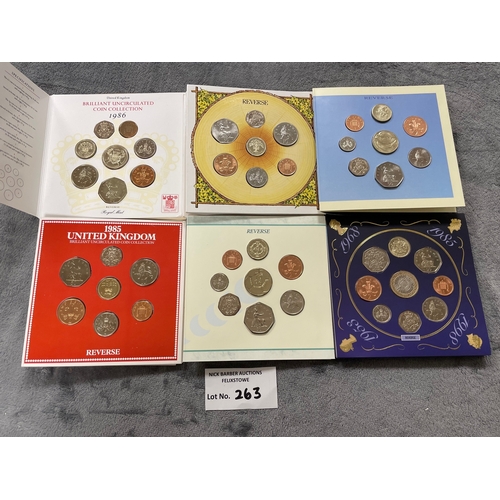 263 - Coins: Royal Mint GB year coin sets, including 1983, 1984, 1985, 1986, 1987, 1993, 1995, 1996, 1998,... 