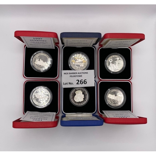 266 - Coins: Royal Mint Guernsey/Alderney Silver Proof coins/crowns, late 1990s, all within cases; (6).