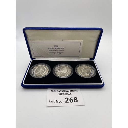 268 - Coins: Royal Mint 2001 Royal Birthday Silver Proof collection, 3 coin set of £5 coins, with certific... 