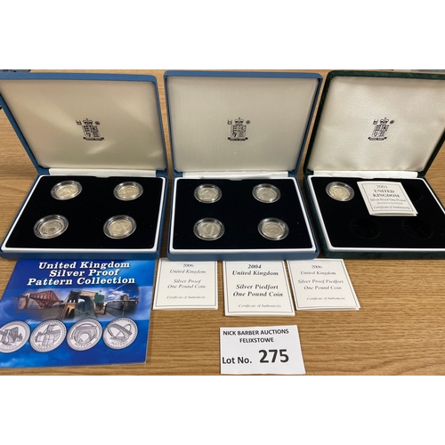 275 - Coins: Royal Mint £1 silver proof coins, including some Piedfort; 9 coins within 3 cases.