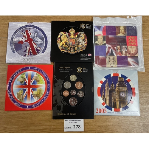 278 - Coins: Royal Mint uncirculated coin sets 1997, 2002, 2005, 2007, 2008 and emblems; all Fine conditio... 