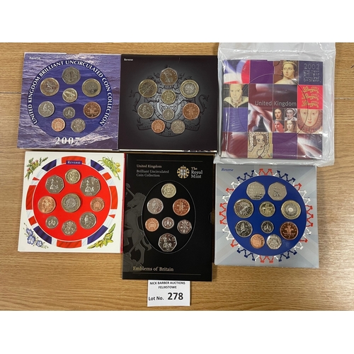 278 - Coins: Royal Mint uncirculated coin sets 1997, 2002, 2005, 2007, 2008 and emblems; all Fine conditio... 