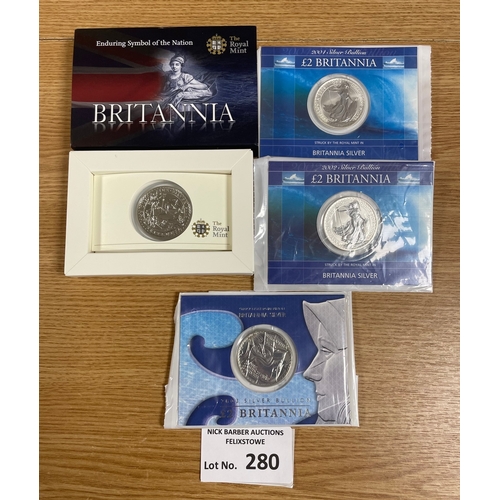 280 - Coins: Royal Mint Britannia silver crowns; 2004, 2002, 2003 and boxed 'Enduring Symbol of the Nation... 