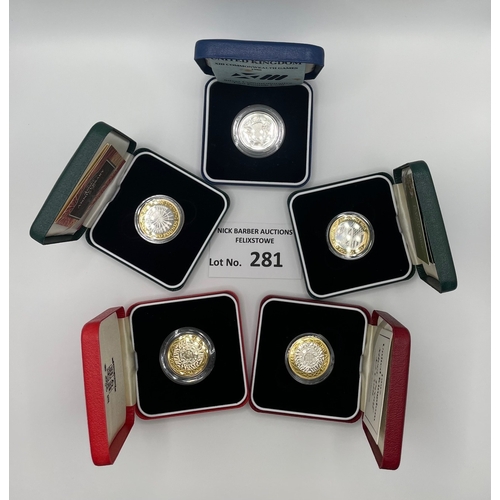 281 - Coins: Assortment of Royal Mint £2 Silver Proof coins, including 1997 Piedfort; all within cases; (5... 