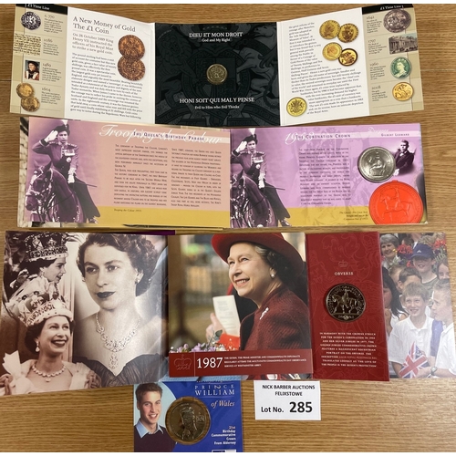 285 - Coins: Collection of Royal Mint commemorative coins within card folders, including QEII Golden Jubil... 