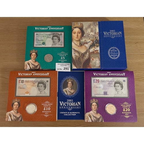 291 - Coins: Royal Mint 2001 Victoria Anniversary collection, including uncirculated banknotes and £5 gold... 