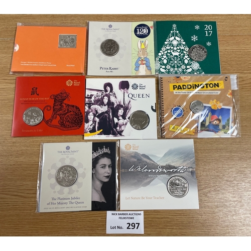 297 - Coins: Royal Mint various modern £5 and 50p commemorative issues including Paddington, Peter Rabbit,... 