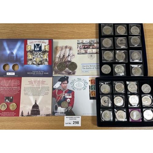 298 - Coins: Mixed assortment of coins including modern crowns, coin covers, and Edward VII 1902 crown; (4... 