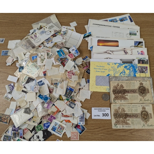 300 - Coins; Banknotes: Pair of £1 KGV banknotes; plus a mixture of stamps.