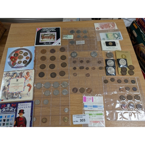 303 - Coins: Assortment of coins including uncirculated collections, copper, commemorative coins, etc.