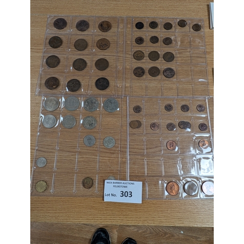 303 - Coins: Assortment of coins including uncirculated collections, copper, commemorative coins, etc.