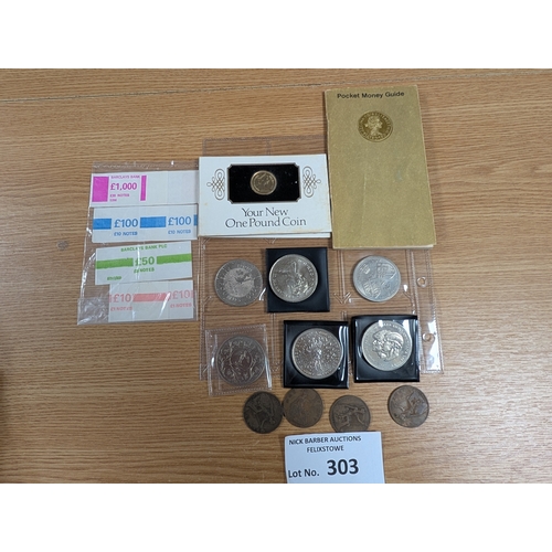 303 - Coins: Assortment of coins including uncirculated collections, copper, commemorative coins, etc.