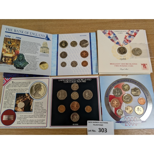 303 - Coins: Assortment of coins including uncirculated collections, copper, commemorative coins, etc.