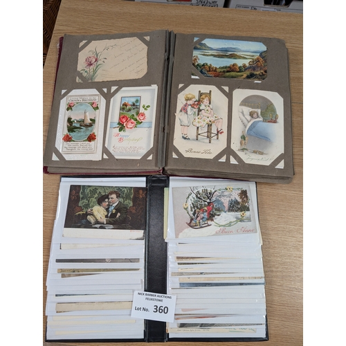 360 - Postcards: Bag of 6 postcard albums, many greetings etc.; plus 2x books; (8).