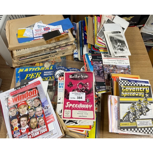 384 - Sports; Speedway: Box of memorabilia including world finals, programmes 1950s onwards, photographs, ... 