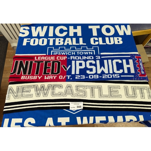 388 - Sports; Football: Assortment of football shirts and scarves; including Newcastle, Ipswich, and Ajax ... 