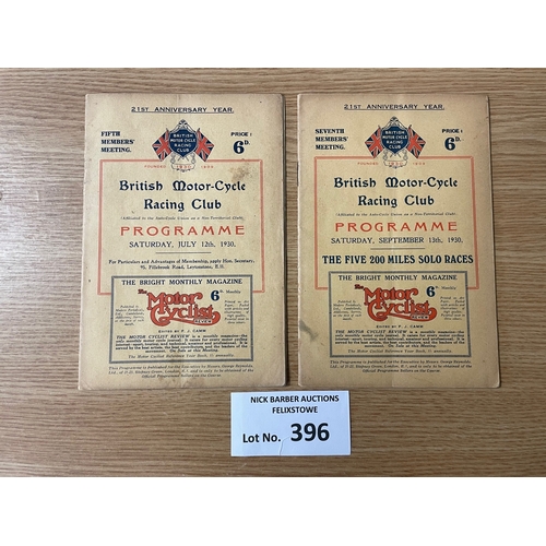 396 - Sports; Motor Racing: Pair of Brooklands programmes, including 5th member's meeting 12/07/1930 and T... 