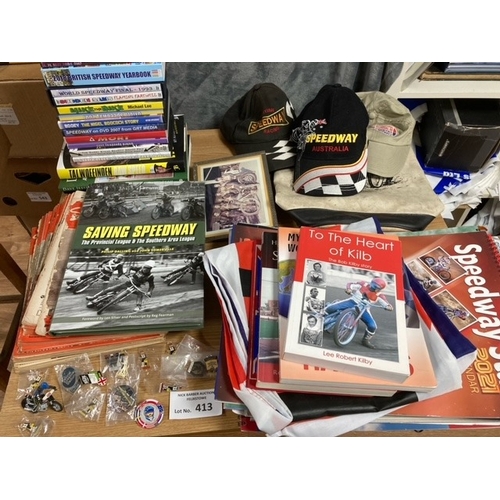 413 - Sports; Speedway: Box of books, memorabilia, early Speedway Stars, badges, etc.